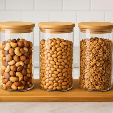 Imagem de Kit com 3 Potes de Vidro 1,4L com Tampa de Bambu Hermética para Cozinha