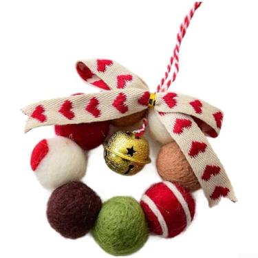 Imagem de Mini guirlanda de Natal de feltro de lã com sinos e laço, guirlanda de férias feita à mão para decoração de mesa ou parede, vermelha 10 cm