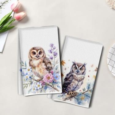 Imagem de 2 peças de toalhas de cozinha artísticas de flores coloridas, toalha de mão de chá super absorvente de coruja, panos de prato de microfibra para secar pratos, toalhas de prato waffle para cozinha
