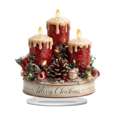 Imagem de FLCPJGV Placa de acrílico plana 2D para decoração de Natal, expositor de mesa com vela vermelha natalina para escritório, Style C