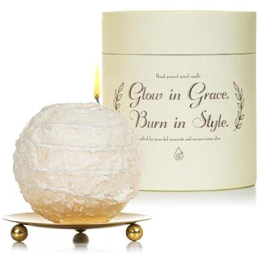 Imagem de Vela espiral de cera de abelha sem cheiro, esfera oca exclusiva bege de 11,4 cm, queima de 4h, cera de soja e mineral, presente de vela decorativa legal para decoração de casa, 283 g