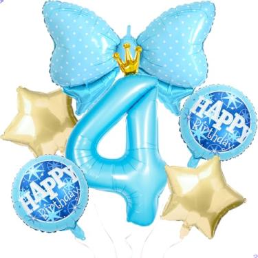 Imagem de Balões de princesa azul para decoração de festa de aniversário de 4 anos da Cinderela, balão de coroa de ouro azul 101,6 cm Gaint balão de 4º aniversário para decoração de aniversário de princesa