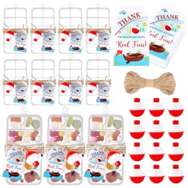 Imagem de 24 conjuntos de lembrancinhas de festa de aniversário com tema de pesca com 24 caixas flutuantes vermelhas e brancas 24 cartões de agradecimento Go Fish ou Making My Party Reel Fun Gone Fish Tema