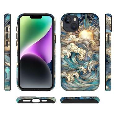 Imagem de ilikediy Capa híbrida para iPhone 14 Plus com 2 camadas rígidas de silicone com estampa protetora - vitral ondas do oceano sol