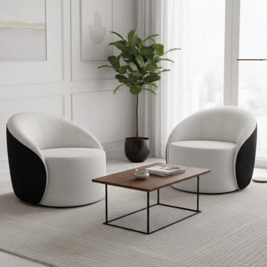 Imagem de Poltrona Sala Orgânica Kit 2 Lua Giratória Sintético PU Preto/Bouclê D03 - D`Rossi