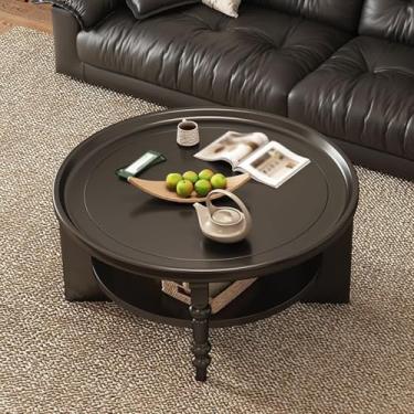 Imagem de Round Wooden Coffee Table, Mortise and Tenon Structure, Open Double-layer Storage, Rounded Corners, Solid Wood Edging, Suitable for Living Room and Bedroom(Black)