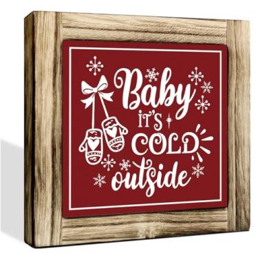 Imagem de Sinais de madeira com citações engraçadas, Baby It's Cold Outside, decoração rústica de mesa de fazenda, presente de sinal de caixa de madeira de Natal para mulheres e homens, decorações de