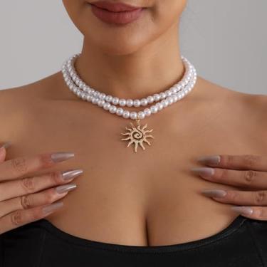 Imagem de Pilha de colar de pérolas douradas, colar delicado de strass de pérola de ouro longo, joias presentes para mulheres