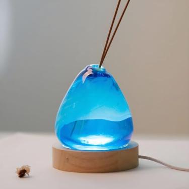Imagem de Wisifayardin Vaso de vidro soprado à mão 8 cm - azul/difusor de aromaterapia - centro de mesa para casamento/base de madeira USB (decoração de casa/presente)