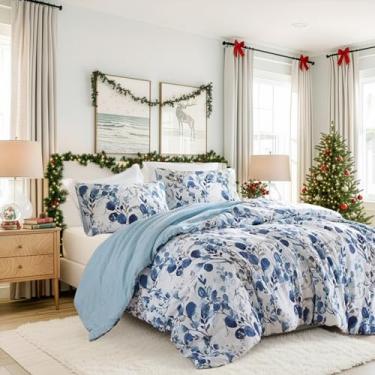 Imagem de Conjunto de edredom leve Seersucker Botanical Queen, com design reversível, conjunto de cama de microfibra premium, conjunto de edredom e fronhas, azul