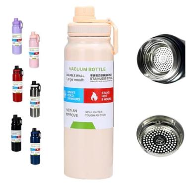 Imagem de Garrafa Térmica Inox 800ml com Alça, Vedação Antivazamento, Parede Dupla, Bebidas Quentes e Frias, Academia Escritório (Cor: Bege)