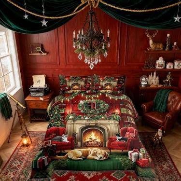 Imagem de Conjunto de cama infantil Merry Christmas, tamanho king, lareira, animais e gatos, presentes de Natal, edredom vermelho e verde, 2 fronhas