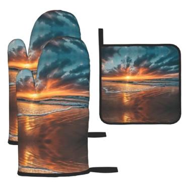 Imagem de Beach Wave Sunset – Conjunto de cozinha essencial com 3 peças, luvas resistentes ao calor e aderência da tampa, proteção para churrasco no forno, design de armazenamento suspenso.