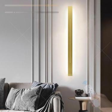Imagem de GZZBMY LED apliques de parede modernos alumínio comprido candeeiros de parede com controlo remoto regulável interior iluminação para quarto sala de estar escadas corredor (dourado, 100 cm)