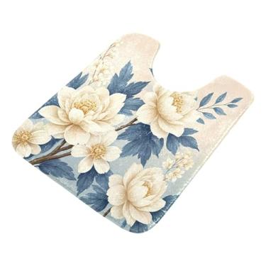 Imagem de Burbuja Tapete de banheiro com flores retrô, tapete de banho absorvente de pelúcia macio, base antiderrapante para piso de banheiro, oval em forma de U