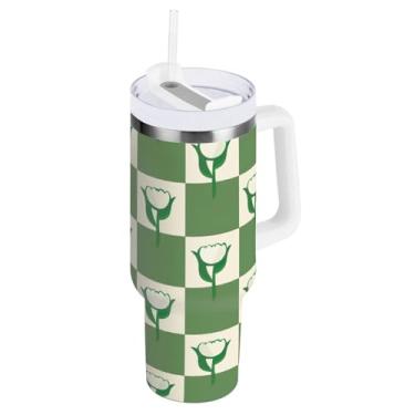 Imagem de Kigai Copo de grade de tulipa verde de 850 g com tampa e canudo, copo isolado de aço inoxidável durável à prova de vazamento com alça, garrafas de água à prova de derramamento para viagens