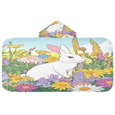 Imagem de Burbuja Coelho de desenho animado em flores toalha de banho com capuz para crianças, toalha de praia de pelúcia macia absorvente para meninas e meninos 3-10 anos, 61 x 127 cm