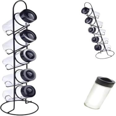 Imagem de Porta condimentos, recipiente para armazenar temperos, e suporte, organizado, facil, domestico, completo, moderno, preto