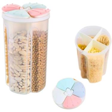 Imagem de Pote de Armazenamento de Plástico com 4 Divisórias, Tampa Giratória Colorida, Transparente, 2,8 Litros, Organizador de Cozinha para Grãos e Cereais