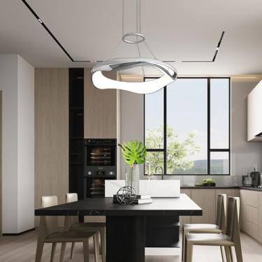 Imagem de Lustre moderno de metal criativo decorativo LED dimerizável 46W com controle remoto, luminária suspensa redonda de 1 anel, iluminação colorida para cozinha, ilha de jantar, quarto e sala de