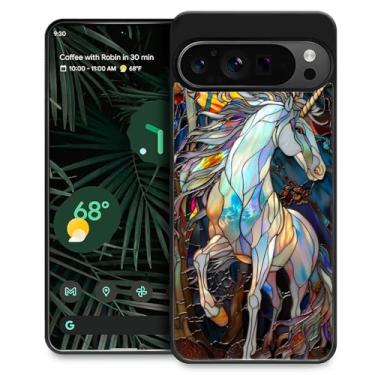 Imagem de CARLOCA Capa compatível com Google Pixel 9 Pro XL para meninas à prova de choque antiarranhões capa traseira de PC rígida estética padrão branco unicórnio colorido vitral