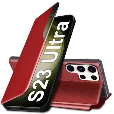 Imagem de Capa S23 Ultra Flip para Samsung Galaxy S23 Ultra 5G, capa de couro slim fit transparente para Samsung S23 Ultra capa de telefone com suporte, resistente, resistente à prova de choque (vermelho)