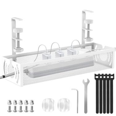 Imagem de Gerenciamento de cabos, bandeja de gerenciamento de cabos sob a mesa sem furadeira, organizador de cabos de metal com grampo para gerenciamento de fios, organizador de cabos para escritório em casa