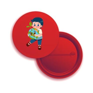 Imagem de Bottons com Alfinete, Tema Criança Abraçando o Planeta Terra, Design Cartoon, Branco, Pacote com 10 Unidades (50, Vermelho)