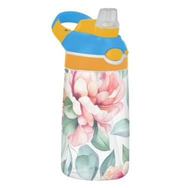 Imagem de Garrafa de água esportiva infantil aquarela flores rosa para escola, 473 ml Tritan 473 ml garrafa de água com canudo, copos de viagem portáteis para crianças à prova de vazamento, alça de transporte