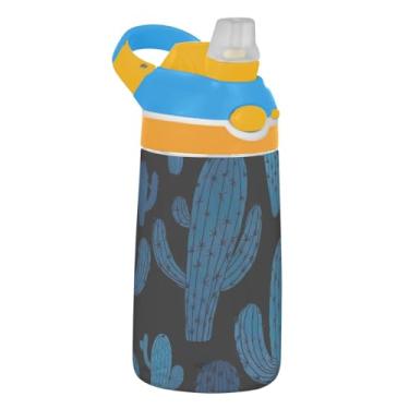 Imagem de Garrafa de água fofa azul escuro preta infantil com canudo 473 ml Tritan 473 ml garrafa de água de plástico à prova de vazamento portátil para crianças, reutilizável, alça de transporte