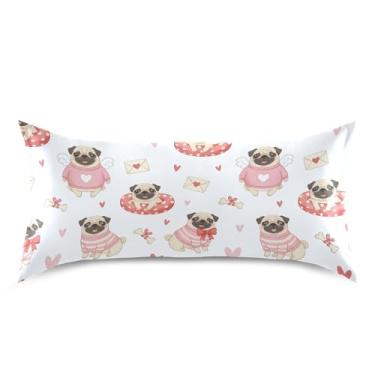 Imagem de Wassud Fronha de cetim para cabelo e pele com desenho animado Pugs Dia dos Namorados Capas de almofada respiráveis tamanho king size com fecho de envelope