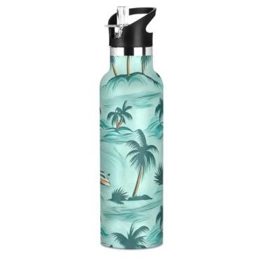 Imagem de Garrafas de água escolares isoladas para adolescentes, ilha tropical, palmeira, azul-petróleo, 590 ml, parede dupla, à prova de vazamento, copos infantis de aço inoxidável com tampa de canudo