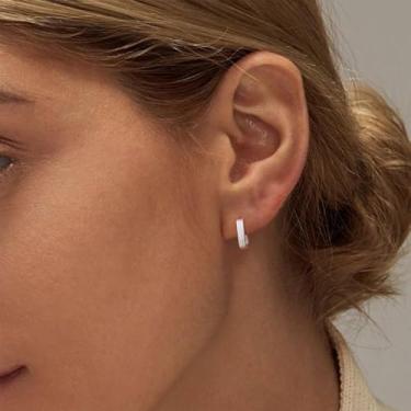 Imagem de Brincos de argola femininos – Moderno banhado a ouro 14 quilates/prata esterlina 925, pequeno, quadrado, hipoalergênico, geométrico, minimalista, retangular, brinco, standard, Latão, Sem pedra