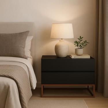 Imagem de Mesa de Cabeceira Retrô Alto Padrão – com 2 Gavetas e Base de Cobre, Móvel de Quarto para Armazenamento e Decoração(Preto)