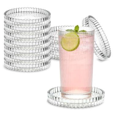 Imagem de Conjunto de 12 porta-copos de vidro transparente para vela e bebida, suporte de vela decorativo de 10 cm para proteção de mesa, design esculpido, tapete redondo de vidro para proteção de mesa de casa