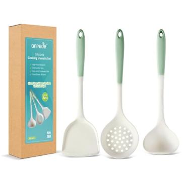 Imagem de Conjunto de utensílios de cozinha de silicone de grau alimentício de 3 peças: espátula, escumadeira e concha de sopa - ferramentas resistentes ao calor e não arranhões para panelas antiaderentes