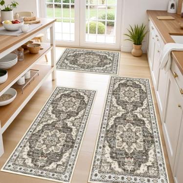 Imagem de Tritard Tapetes de cozinha antiderrapantes, conjuntos de 3 tapetes de cozinha laváveis boho tapetes de cozinha para piso macio tapete de cozinha antiderrapante para entrada, corredor, lavanderia, bege
