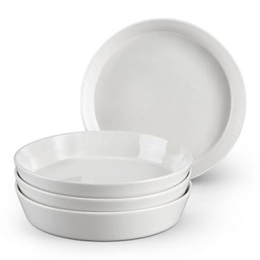 Imagem de E-far Tigelas de massa, prato de grés de 1000 ml para jantar, servir, sopa, salada, prato grande de massa de cerâmica, conjunto com 4, pode ser colocado no micro-ondas e na lava-louças, branco