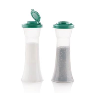 Imagem de Tupperware Conjunto de 2 coqueteleiras ampulheta de sal e pimenta em verde, tampas herméticas, livre de BPA, lavável na lava-louças