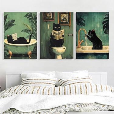 Imagem de Conjunto de arte de parede de banheiro de gato, pôsteres modernos retrô boêmios em tela sem moldura para banheiro, sala de estar, decoração de corredor. (Observação: sem moldura), 30 x 45 cm