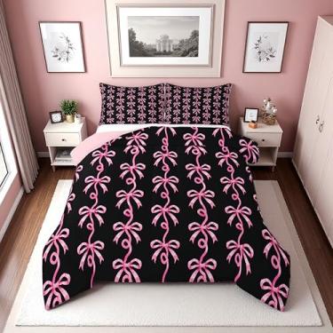 Imagem de Erosebridal Conjunto de edredom Queen com laço rosa e preto | Jogo de cama fofo de gravata borboleta coquete para meninas e crianças, conjunto de cama listrado, laço estético, decoração de quarto, 2