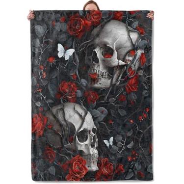 Imagem de Cobertor gótico rosa crânio presentes para mulheres adultos, cobertores macios e quentes de flanela para acampamento, quarto, sala de estar, sofá, decoração de viagem 152 x 203 cm