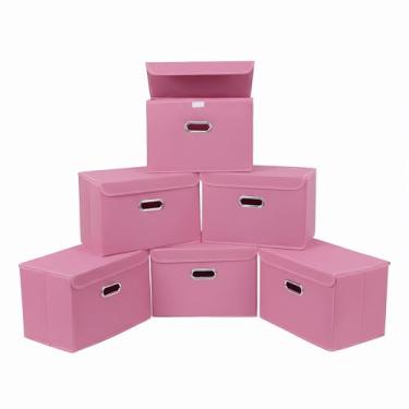 Imagem de STOREONE Caixotes de armazenamento de tecido, organizador dobrável, cesta dobrável com tampas e alças de metal, para casa, quarto, armário, 6 peças (rosa)