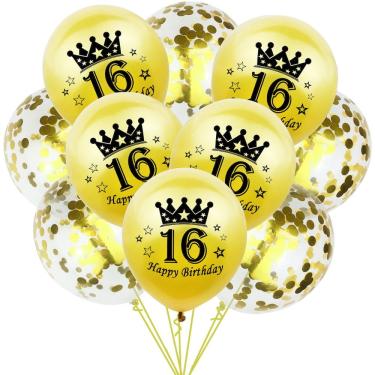 Imagem de Kit de balões Feliz Aniversário 16, látex dourado, 30 cm, 10 unidades