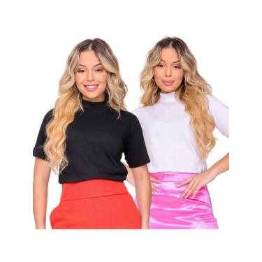 Imagem de KIT 2 Blusa Manga Curta Gola Alta Malha Ribana Canelada Feminina - Aud