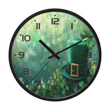 Imagem de SEHANY Relógio de parede Green Clover, silencioso, sem tique-taque, relógio redondo operado por bateria, controle de som, luz noturna, relógios de parede para sala de estar, cozinha, quarto