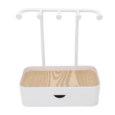 Imagem de ASHATA Organizador de Joias, Suporte de Exibição de Pulseira de Colar Com Bandeja de Madeira e 5 Ganchos, Gaveta Removível para Brincos, Anéis, Relógios, Resistente a Arranhões à Prova (Branca)