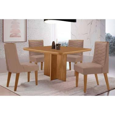 Imagem de Sala Jantar Mesa Berlim Tampo Curvo 90cm+4 Cadeiras Maldivas Madeira Naturale - Capuccino/Suede Capuccino - Rufato