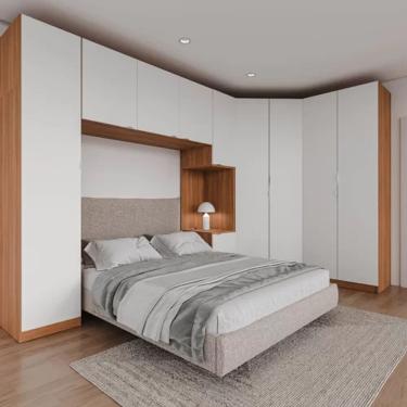 Imagem de Guarda Roupa Modulado De Canto 10 Portas 5 Peças E 2 Mesas De Cabeceira Louro/branco Geada