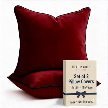 Imagem de Blau Marité Pacote com 2 capas de almofada decorativas de veludo, 45,72 cm x 45,72 cm, vinho, sólido, moderno, tubulação contrastante, uso interno, quarto e sala de estar
